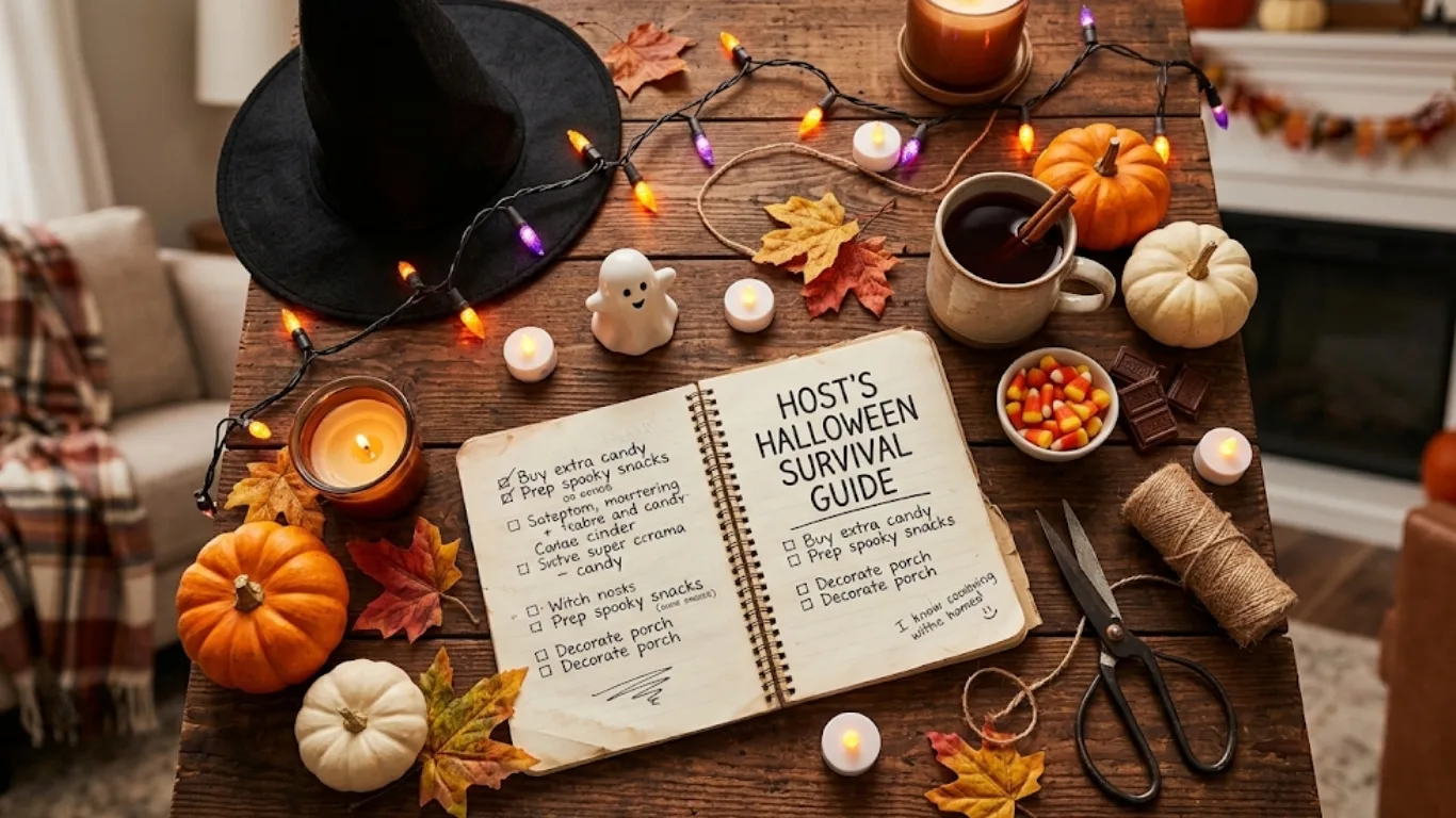 Lista de verificare a unei gazde pentru Halloween, într-un carnet pe o masă de lemn, înconjurată de dovleci, lumânări, instalații luminoase și o pălărie de vrăjitoare