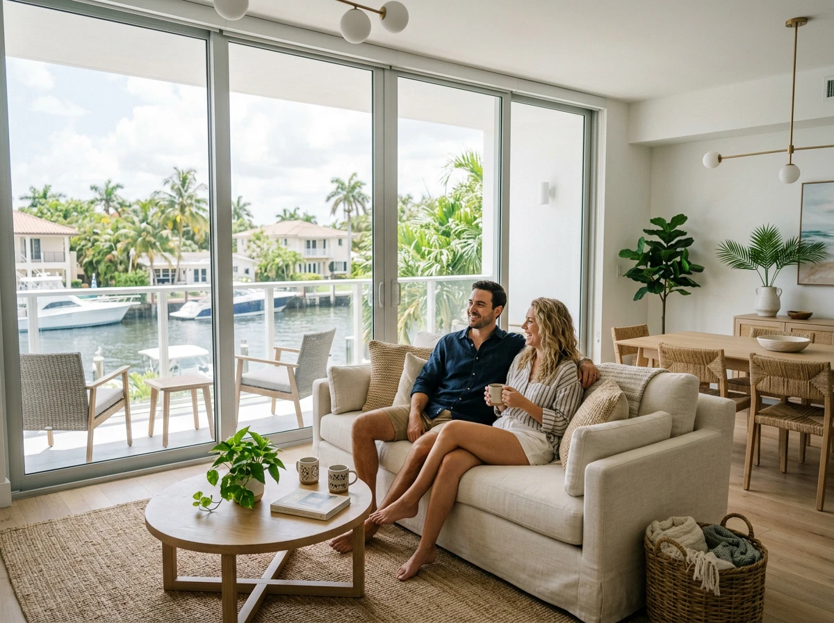 Cuplu care se relaxează într-o locuință de vacanță luminoasă, pe malul apei, în Florida