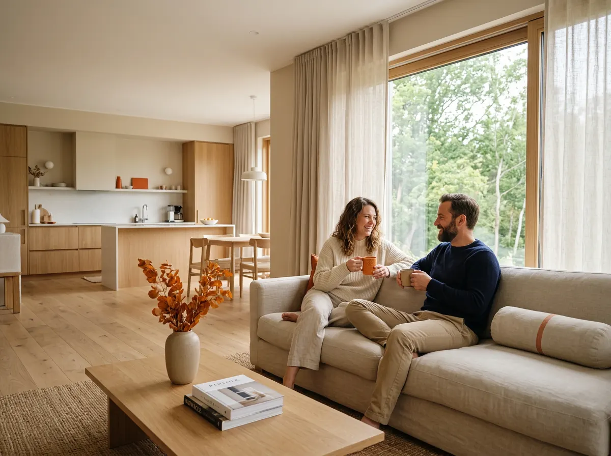 Doi oaspeți se relaxează cu o cafea pe canapeaua unei locuințe de vacanță luminoase și liniștite